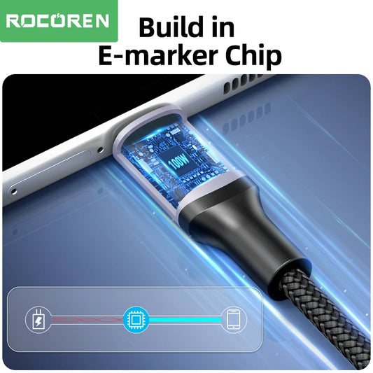 Rocoren 100W USB Type C To USB C Cable USB-C PD Fast Charging Charger Wire Cord For Macbook Samsung Xiaomi Type-C USBC Cable 5A