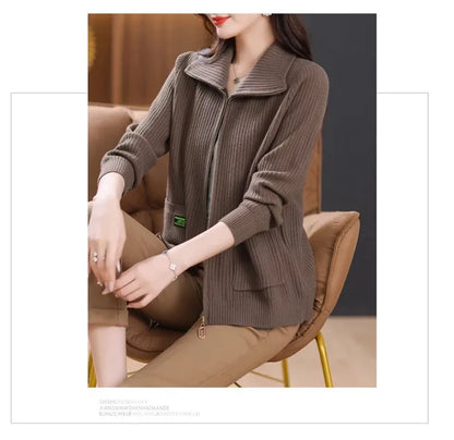 Knitted Cardigan Jacket Women Sweater New Autumn Winter Lapel Zipper Sweater Jacket Loose Solid Outerwear Female Sweatshirt Tops