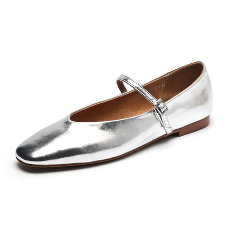 JOZHAMTA Size 34-43 Women Ballet Flats Shoes Soft Real Leather 2025  Silver Buckle Strap Casual Low Heels Wedding Dress Shoes