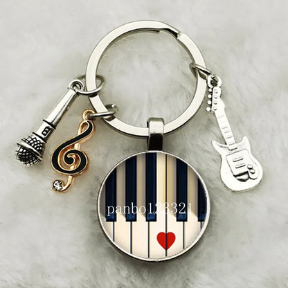 Musical Instrument Piano Guitar Electronic Organ Music Keychain Pendant Musical Note Keychain Keyring Music Glass Dome Jewelry