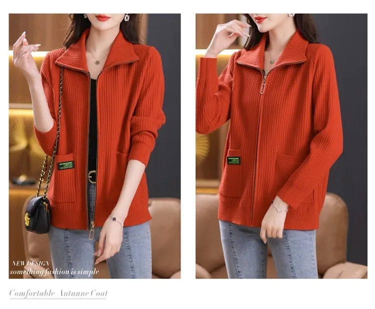 Knitted Cardigan Jacket Women Sweater New Autumn Winter Lapel Zipper Sweater Jacket Loose Solid Outerwear Female Sweatshirt Tops
