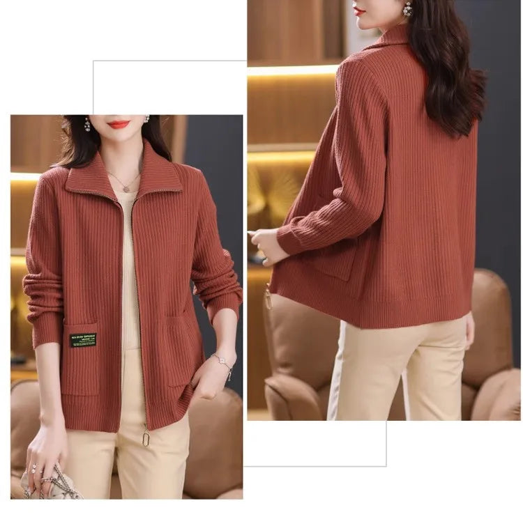 Knitted Cardigan Jacket Women Sweater New Autumn Winter Lapel Zipper Sweater Jacket Loose Solid Outerwear Female Sweatshirt Tops