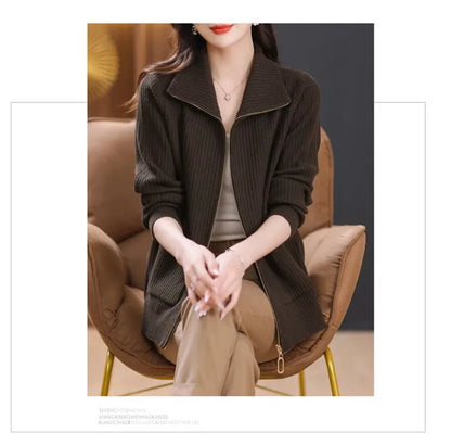 Knitted Cardigan Jacket Women Sweater New Autumn Winter Lapel Zipper Sweater Jacket Loose Solid Outerwear Female Sweatshirt Tops