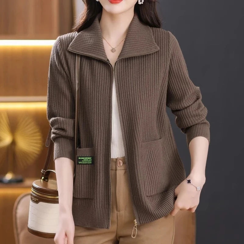 Knitted Cardigan Jacket Women Sweater New Autumn Winter Lapel Zipper Sweater Jacket Loose Solid Outerwear Female Sweatshirt Tops