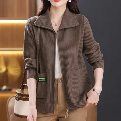 Knitted Cardigan Jacket Women Sweater New Autumn Winter Lapel Zipper Sweater Jacket Loose Solid Outerwear Female Sweatshirt Tops