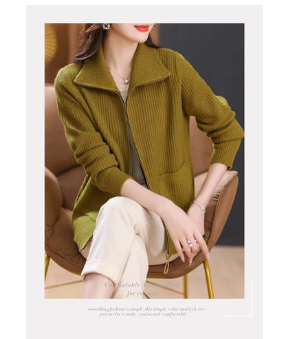 Knitted Cardigan Jacket Women Sweater New Autumn Winter Lapel Zipper Sweater Jacket Loose Solid Outerwear Female Sweatshirt Tops