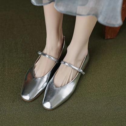 JOZHAMTA Size 34-43 Women Ballet Flats Shoes Soft Real Leather 2025  Silver Buckle Strap Casual Low Heels Wedding Dress Shoes