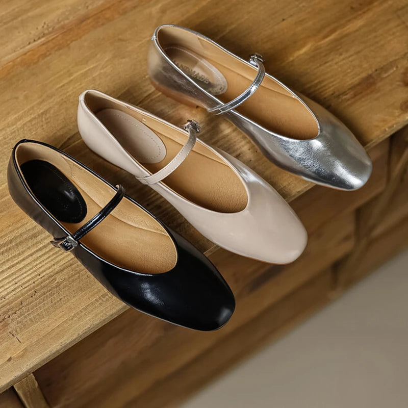 JOZHAMTA Size 34-43 Women Ballet Flats Shoes Soft Real Leather 2025  Silver Buckle Strap Casual Low Heels Wedding Dress Shoes