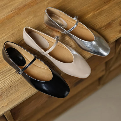 JOZHAMTA Size 34-43 Women Ballet Flats Shoes Soft Real Leather 2025  Silver Buckle Strap Casual Low Heels Wedding Dress Shoes