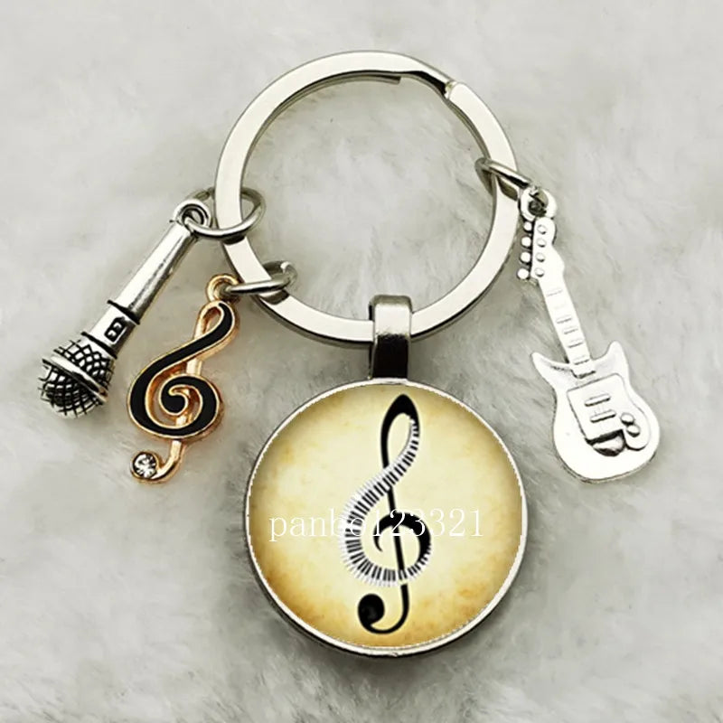 Musical Instrument Piano Guitar Electronic Organ Music Keychain Pendant Musical Note Keychain Keyring Music Glass Dome Jewelry