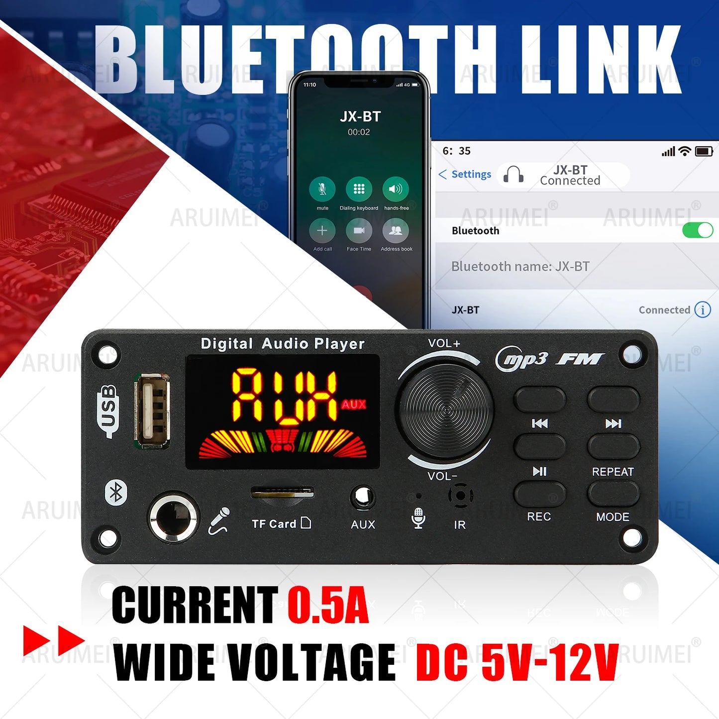 DC 5V 12V Bluetooth 5.0 MP3 WMA WAV APE Decoder Board Hands-free Car Audio Microphone USB TF FM Radio Mp3 Music Player Speaker