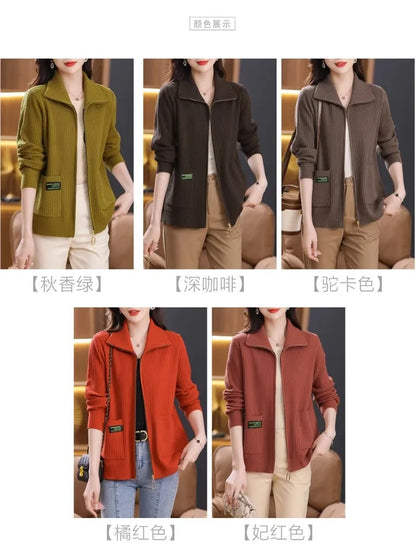 Knitted Cardigan Jacket Women Sweater New Autumn Winter Lapel Zipper Sweater Jacket Loose Solid Outerwear Female Sweatshirt Tops