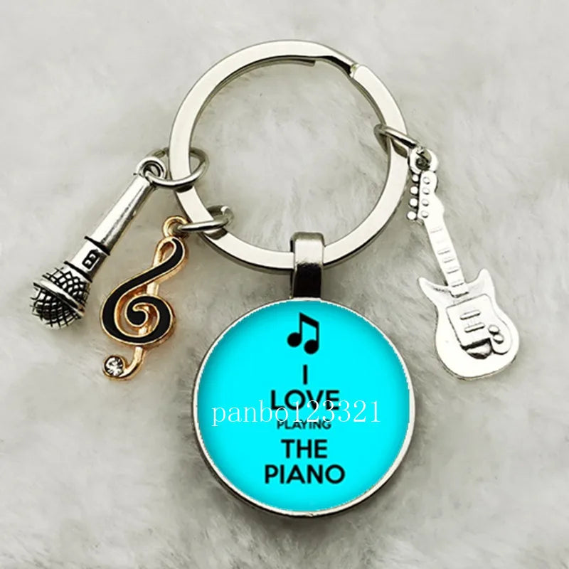 Musical Instrument Piano Guitar Electronic Organ Music Keychain Pendant Musical Note Keychain Keyring Music Glass Dome Jewelry