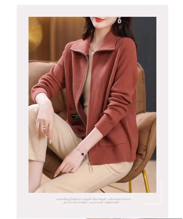 Knitted Cardigan Jacket Women Sweater New Autumn Winter Lapel Zipper Sweater Jacket Loose Solid Outerwear Female Sweatshirt Tops