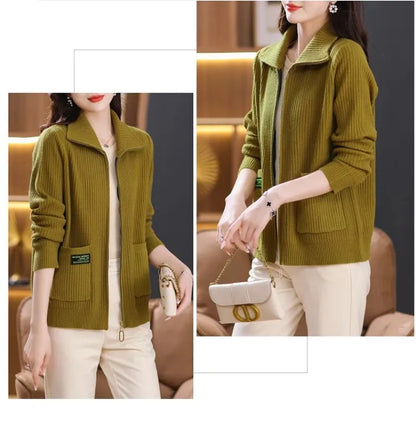 Knitted Cardigan Jacket Women Sweater New Autumn Winter Lapel Zipper Sweater Jacket Loose Solid Outerwear Female Sweatshirt Tops
