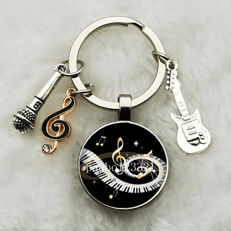 Musical Instrument Piano Guitar Electronic Organ Music Keychain Pendant Musical Note Keychain Keyring Music Glass Dome Jewelry