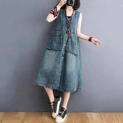 New Spring Summer Female Fashion Denim Sundress Long Casual Dress Oversized Women's Korean Loose Denim Strap Dresses Blue Tide