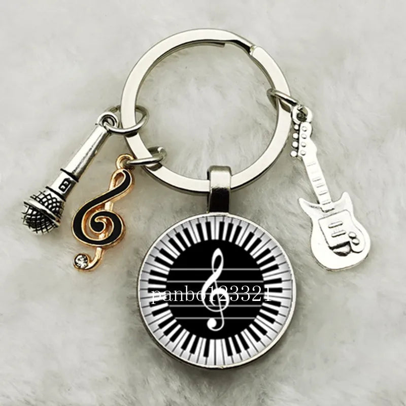 Musical Instrument Piano Guitar Electronic Organ Music Keychain Pendant Musical Note Keychain Keyring Music Glass Dome Jewelry