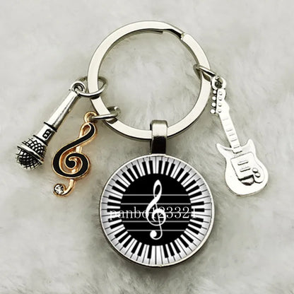 Musical Instrument Piano Guitar Electronic Organ Music Keychain Pendant Musical Note Keychain Keyring Music Glass Dome Jewelry