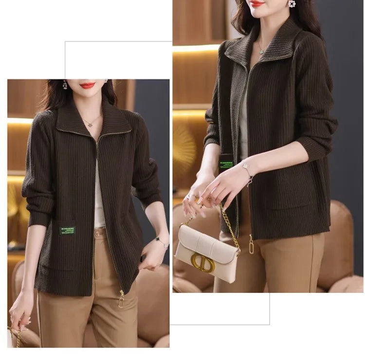 Knitted Cardigan Jacket Women Sweater New Autumn Winter Lapel Zipper Sweater Jacket Loose Solid Outerwear Female Sweatshirt Tops