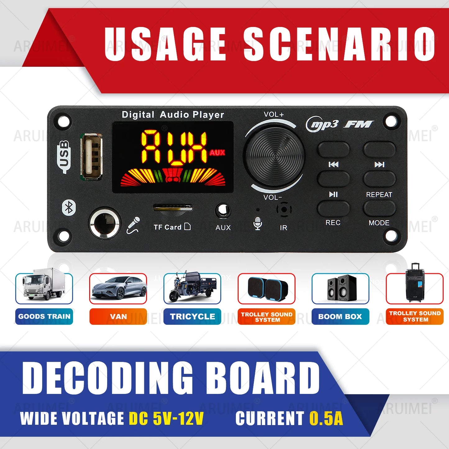 DC 5V 12V Bluetooth 5.0 MP3 WMA WAV APE Decoder Board Hands-free Car Audio Microphone USB TF FM Radio Mp3 Music Player Speaker