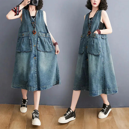 New Spring Summer Female Fashion Denim Sundress Long Casual Dress Oversized Women's Korean Loose Denim Strap Dresses Blue Tide