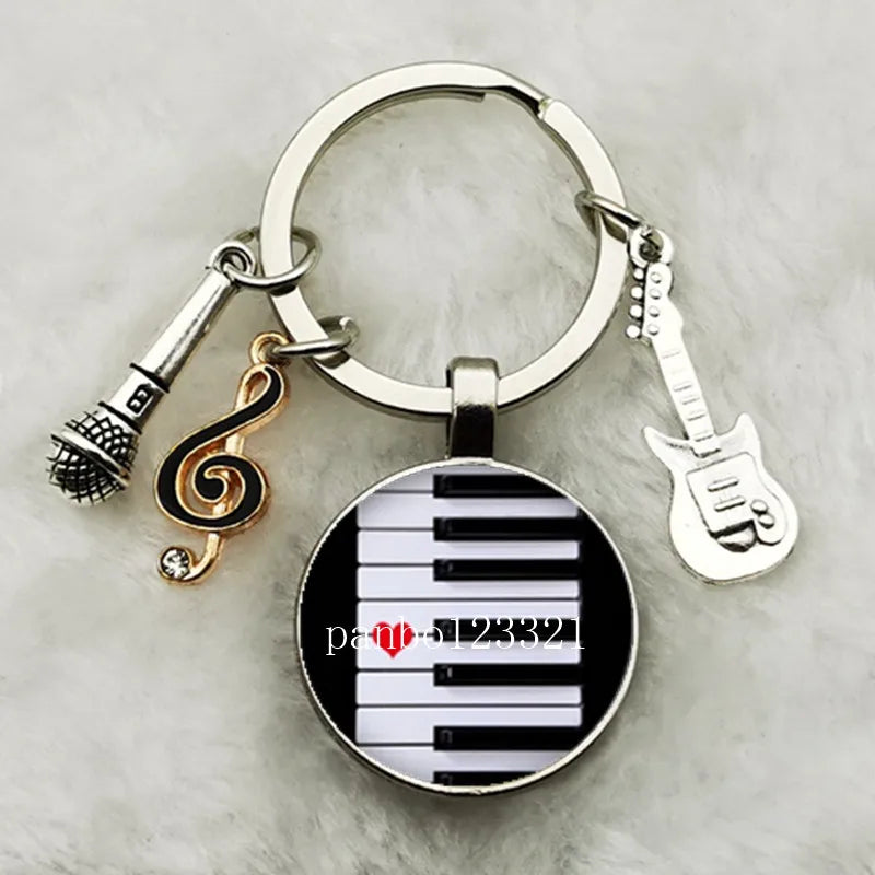Musical Instrument Piano Guitar Electronic Organ Music Keychain Pendant Musical Note Keychain Keyring Music Glass Dome Jewelry