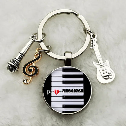Musical Instrument Piano Guitar Electronic Organ Music Keychain Pendant Musical Note Keychain Keyring Music Glass Dome Jewelry