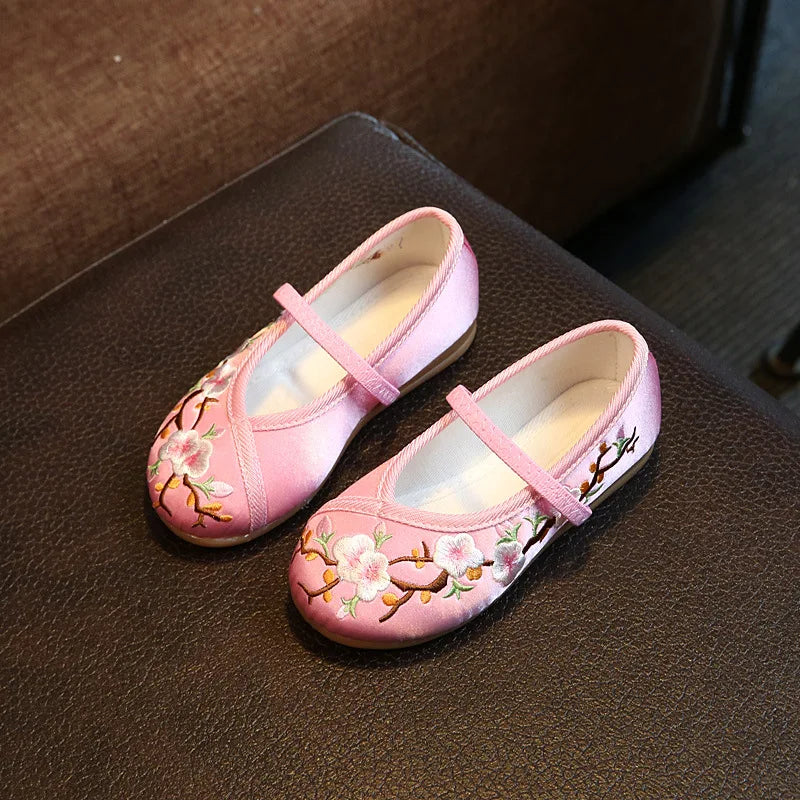 Children Hanfu Flat Shoes Ethnic Chinese Style Girls Embroidered Cloth Shoes Fashion Soft Kids Princess Ancient Dress Up Shoes