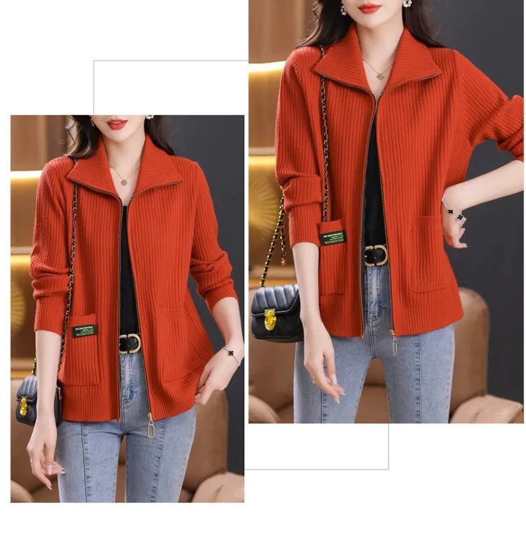 Knitted Cardigan Jacket Women Sweater New Autumn Winter Lapel Zipper Sweater Jacket Loose Solid Outerwear Female Sweatshirt Tops