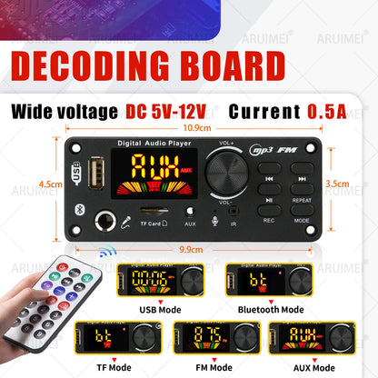 DC 5V 12V Bluetooth 5.0 MP3 WMA WAV APE Decoder Board Hands-free Car Audio Microphone USB TF FM Radio Mp3 Music Player Speaker