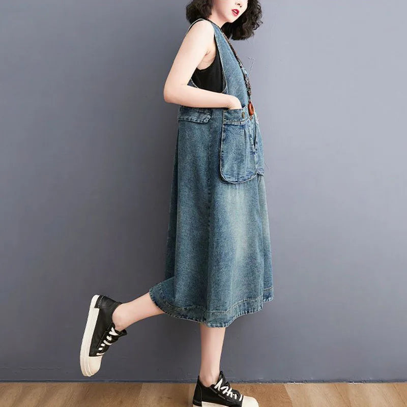 New Spring Summer Female Fashion Denim Sundress Long Casual Dress Oversized Women's Korean Loose Denim Strap Dresses Blue Tide