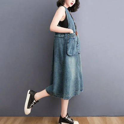 New Spring Summer Female Fashion Denim Sundress Long Casual Dress Oversized Women's Korean Loose Denim Strap Dresses Blue Tide