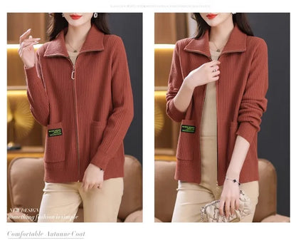 Knitted Cardigan Jacket Women Sweater New Autumn Winter Lapel Zipper Sweater Jacket Loose Solid Outerwear Female Sweatshirt Tops