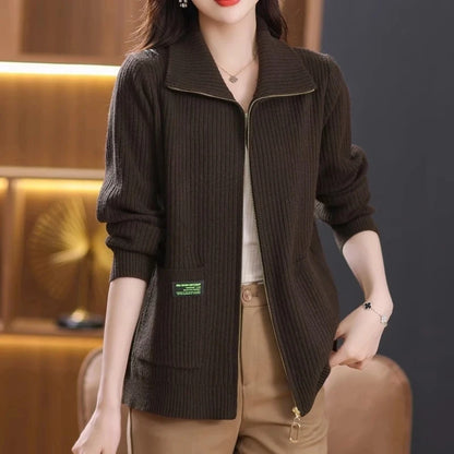 Knitted Cardigan Jacket Women Sweater New Autumn Winter Lapel Zipper Sweater Jacket Loose Solid Outerwear Female Sweatshirt Tops