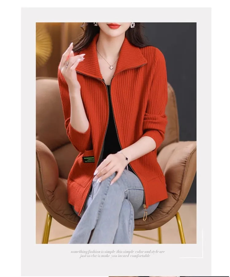 Knitted Cardigan Jacket Women Sweater New Autumn Winter Lapel Zipper Sweater Jacket Loose Solid Outerwear Female Sweatshirt Tops