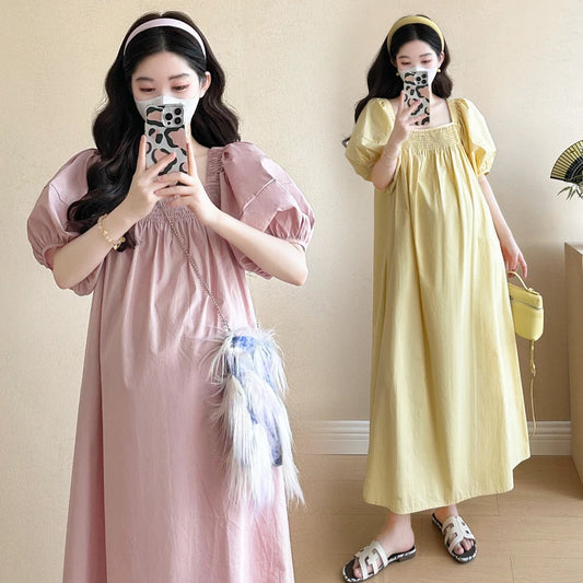 Good Quality Pregnancy Cotton Linen Dress Vintage Solid Color Maternity A-Line Dress Short Sleeve Slim Pregnant Woman Clothes
