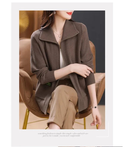 Knitted Cardigan Jacket Women Sweater New Autumn Winter Lapel Zipper Sweater Jacket Loose Solid Outerwear Female Sweatshirt Tops