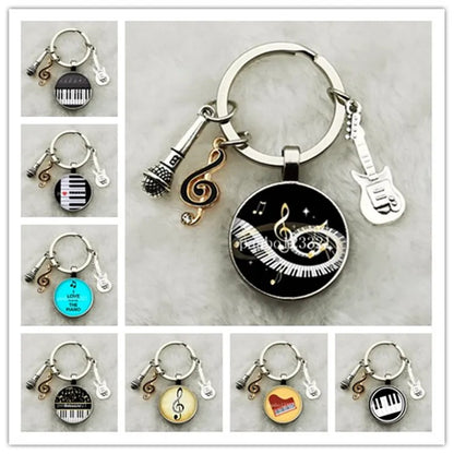 Musical Instrument Piano Guitar Electronic Organ Music Keychain Pendant Musical Note Keychain Keyring Music Glass Dome Jewelry