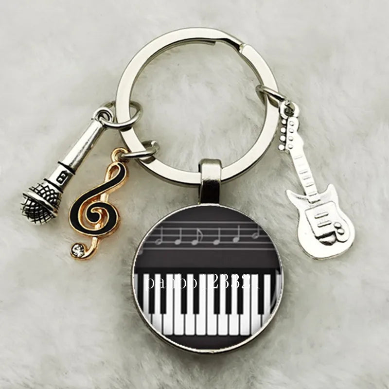 Musical Instrument Piano Guitar Electronic Organ Music Keychain Pendant Musical Note Keychain Keyring Music Glass Dome Jewelry