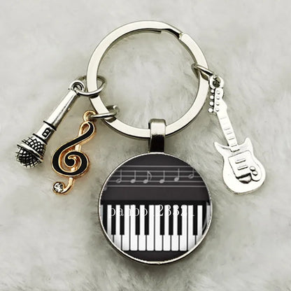 Musical Instrument Piano Guitar Electronic Organ Music Keychain Pendant Musical Note Keychain Keyring Music Glass Dome Jewelry