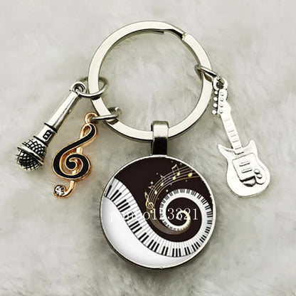 Musical Instrument Piano Guitar Electronic Organ Music Keychain Pendant Musical Note Keychain Keyring Music Glass Dome Jewelry