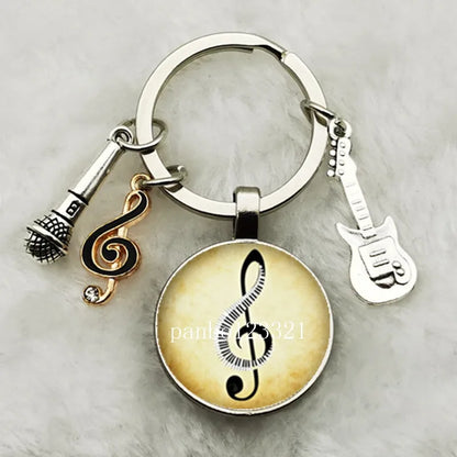 Musical Instrument Piano Guitar Electronic Organ Music Keychain Pendant Musical Note Keychain Keyring Music Glass Dome Jewelry