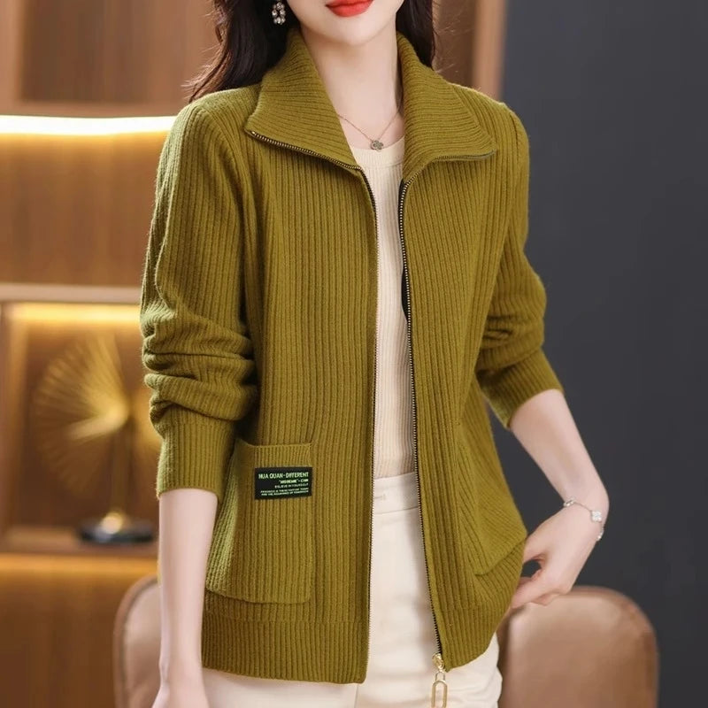 Knitted Cardigan Jacket Women Sweater New Autumn Winter Lapel Zipper Sweater Jacket Loose Solid Outerwear Female Sweatshirt Tops