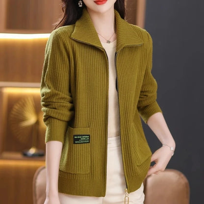 Knitted Cardigan Jacket Women Sweater New Autumn Winter Lapel Zipper Sweater Jacket Loose Solid Outerwear Female Sweatshirt Tops