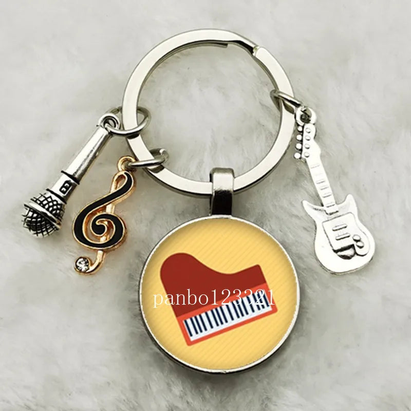 Musical Instrument Piano Guitar Electronic Organ Music Keychain Pendant Musical Note Keychain Keyring Music Glass Dome Jewelry