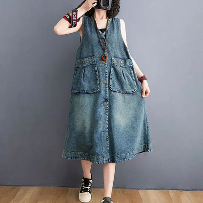 New Spring Summer Female Fashion Denim Sundress Long Casual Dress Oversized Women's Korean Loose Denim Strap Dresses Blue Tide