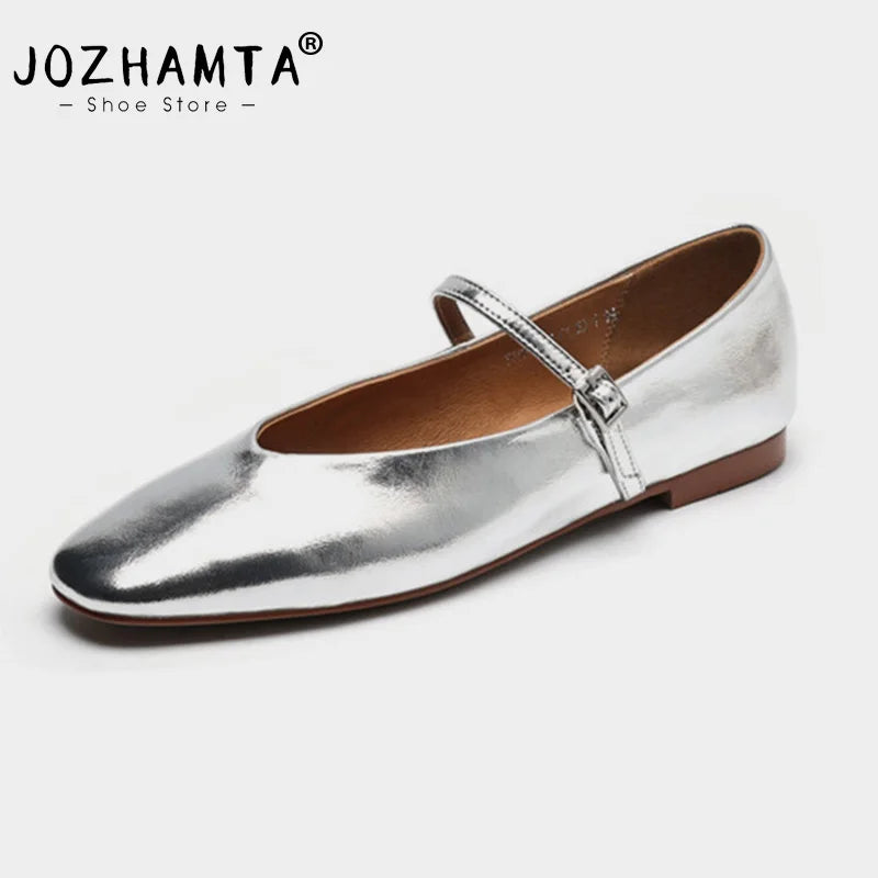 JOZHAMTA Size 34-43 Women Ballet Flats Shoes Soft Real Leather 2025  Silver Buckle Strap Casual Low Heels Wedding Dress Shoes