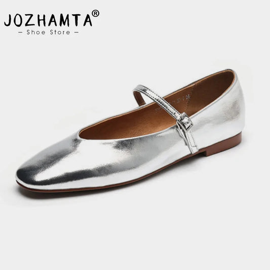 JOZHAMTA Size 34-43 Women Ballet Flats Shoes Soft Real Leather 2025  Silver Buckle Strap Casual Low Heels Wedding Dress Shoes