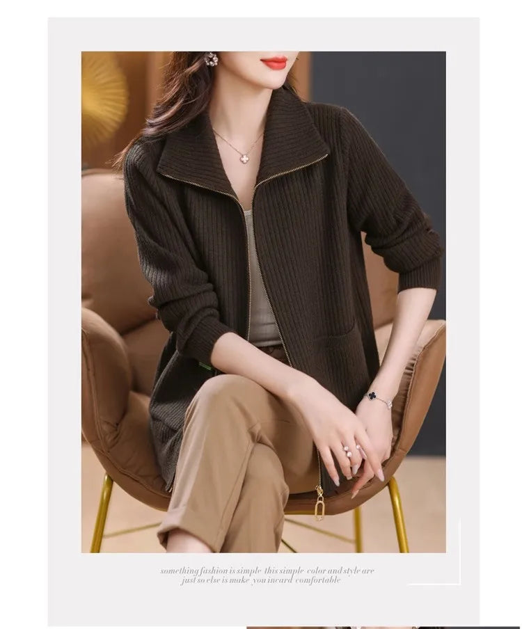 Knitted Cardigan Jacket Women Sweater New Autumn Winter Lapel Zipper Sweater Jacket Loose Solid Outerwear Female Sweatshirt Tops